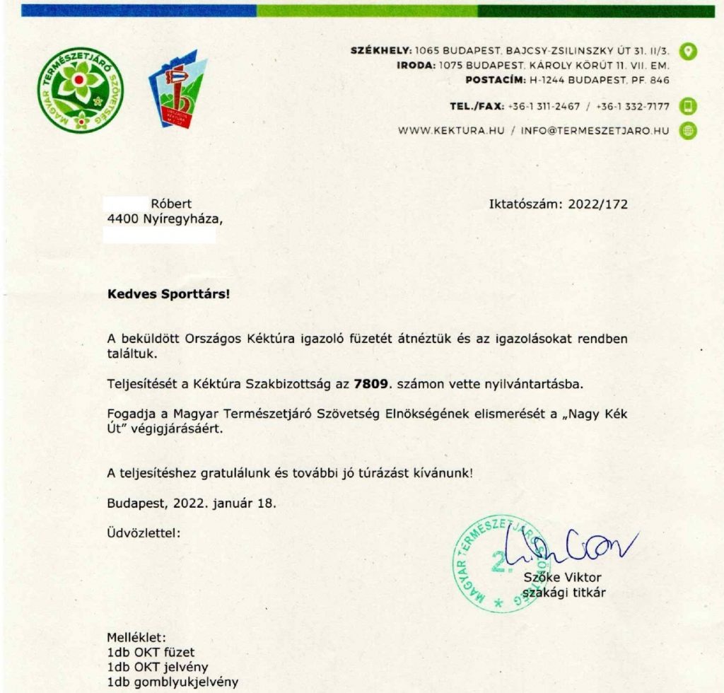 Az Országos Kéktúra teljesítéséről szóló levél
